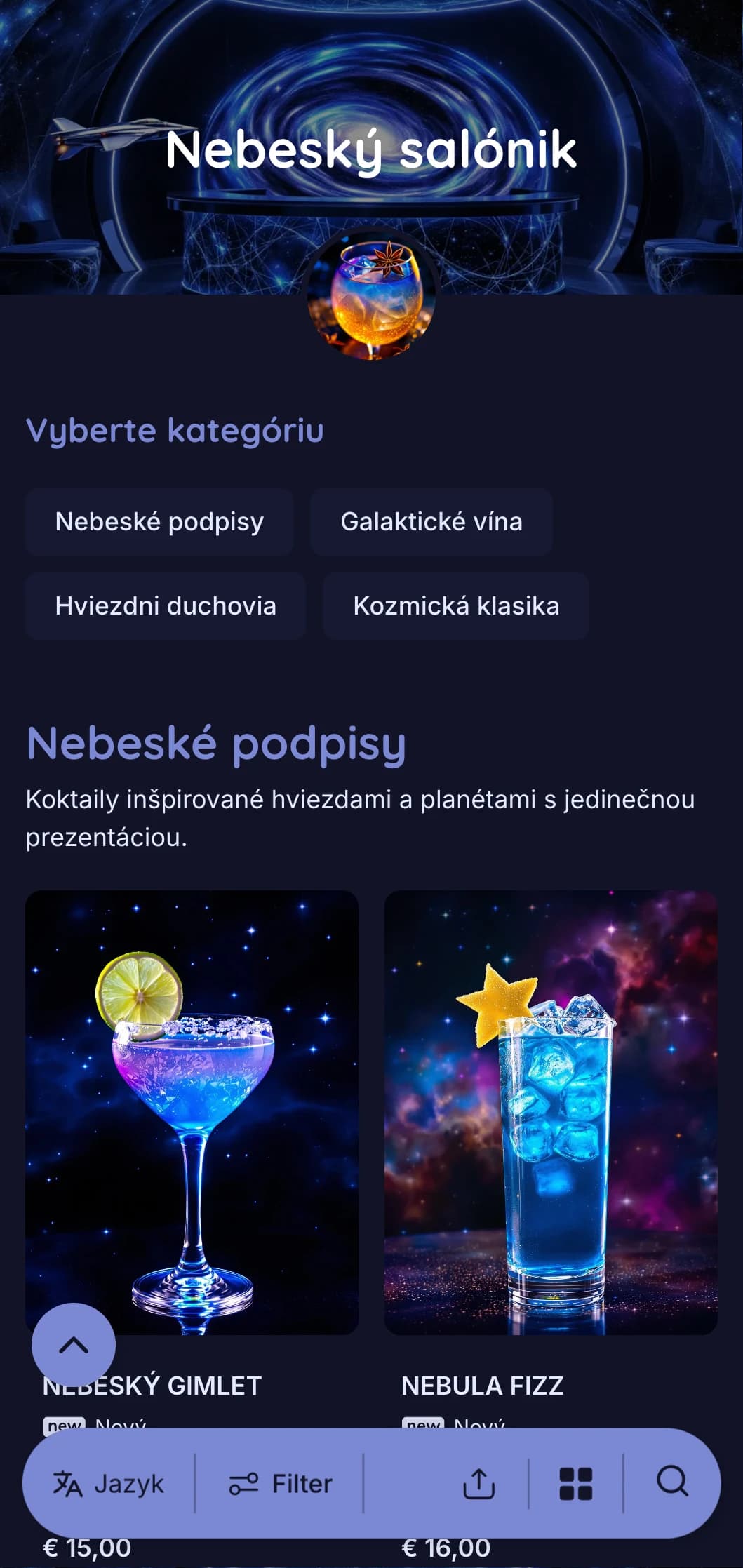 Modrý dizajn inšpirovaný hviezdami s nebeskými prvkami pre koktailové bary s vesmírnou tematikou.