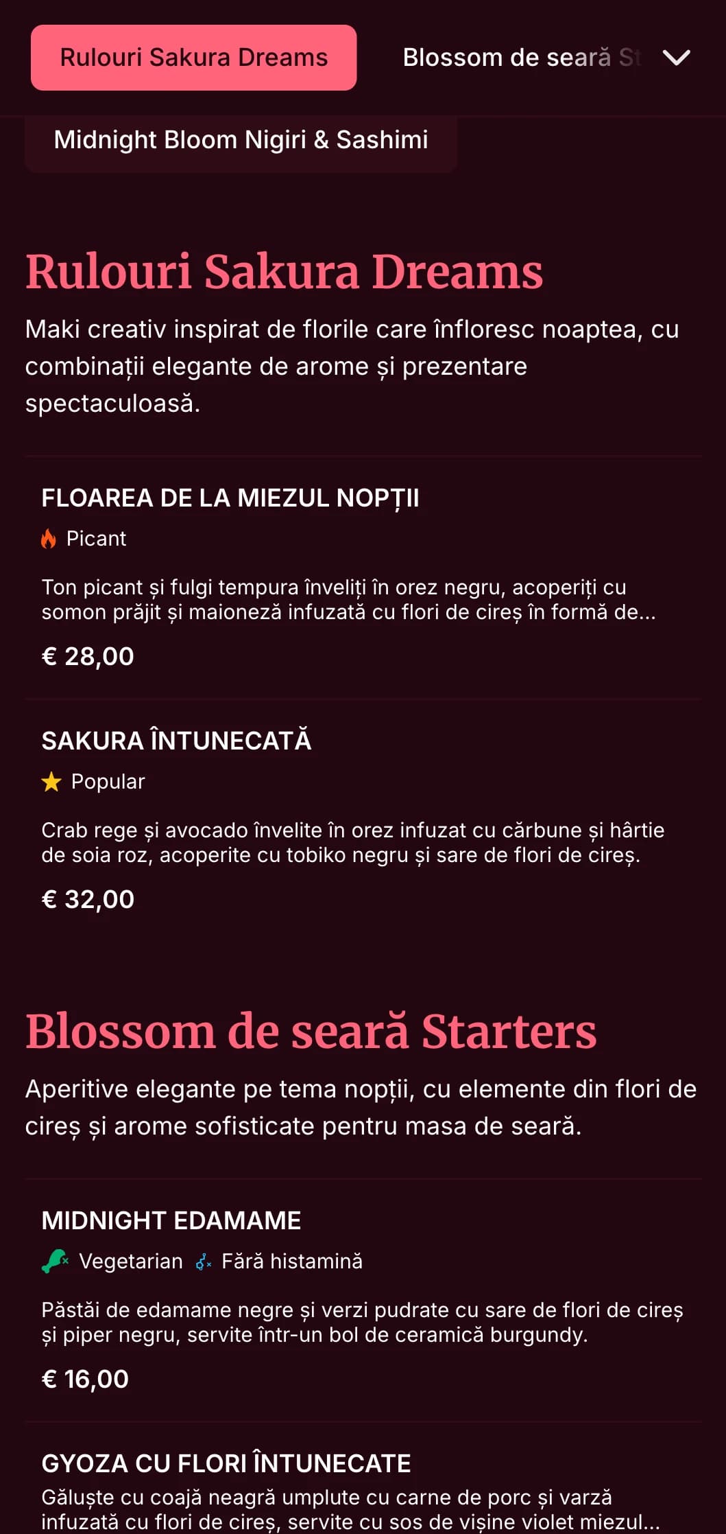 Experiență elegantă de sushi de seară, cu motive dramatice de flori de cireș pe un fundal burgundy profund pentru o cină de lux.
