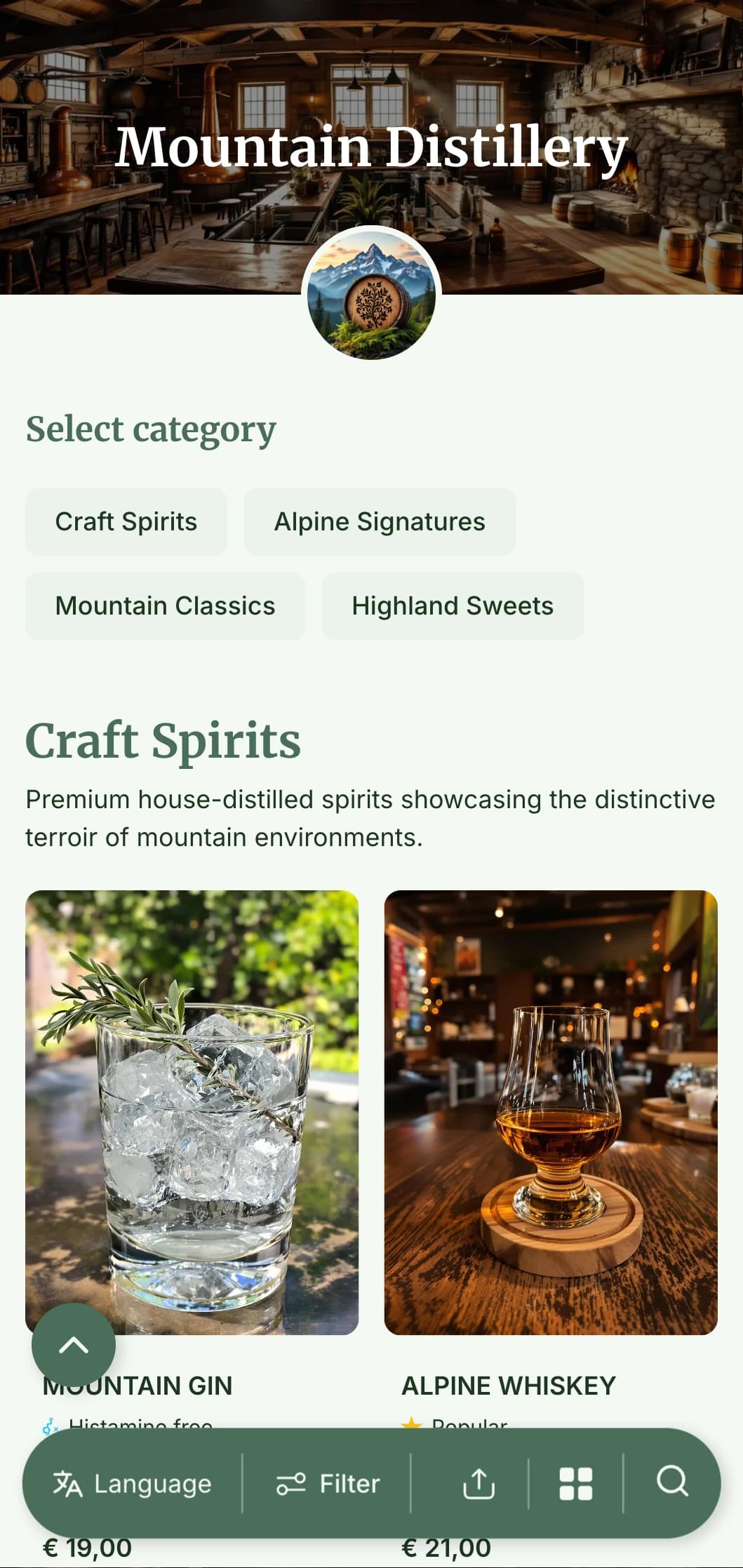 A rustic, alpine-inspired design for mountain distilleries and spirit bars featuring earthy tones and natural elements.