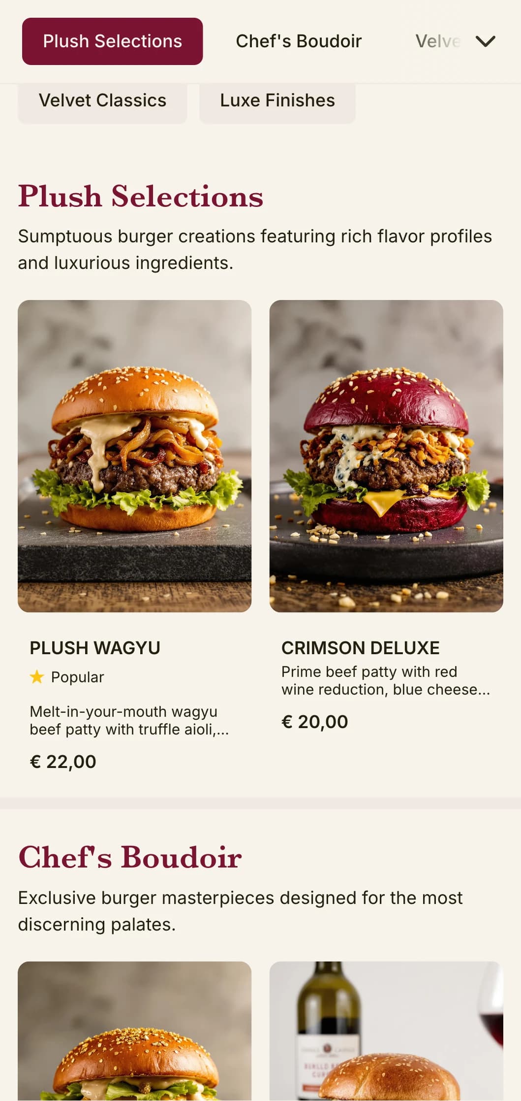 Plush luxury burger lounge with rich textures and opulent presentation.
