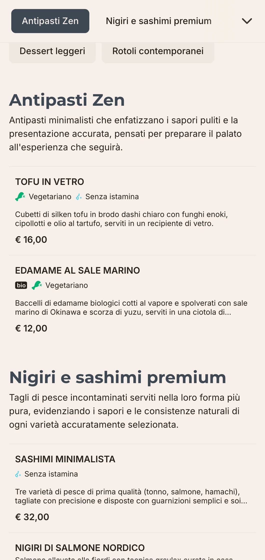 Design pulito e contemporaneo per il menu del sushi con un'estetica minimalista, perfetto per i ristoranti giapponesi di alto livello che puntano sulla semplicità e sulla qualità.