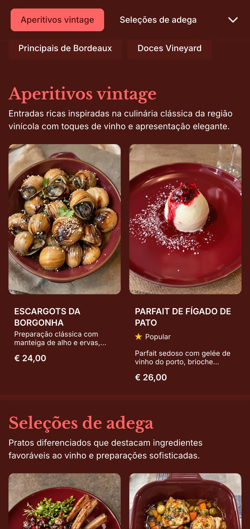 Um menu de jantar rico, inspirado em vinhos, com tons profundos de vinho e elementos vintage, projetado para estabelecimentos com extensos programas de vinhos.