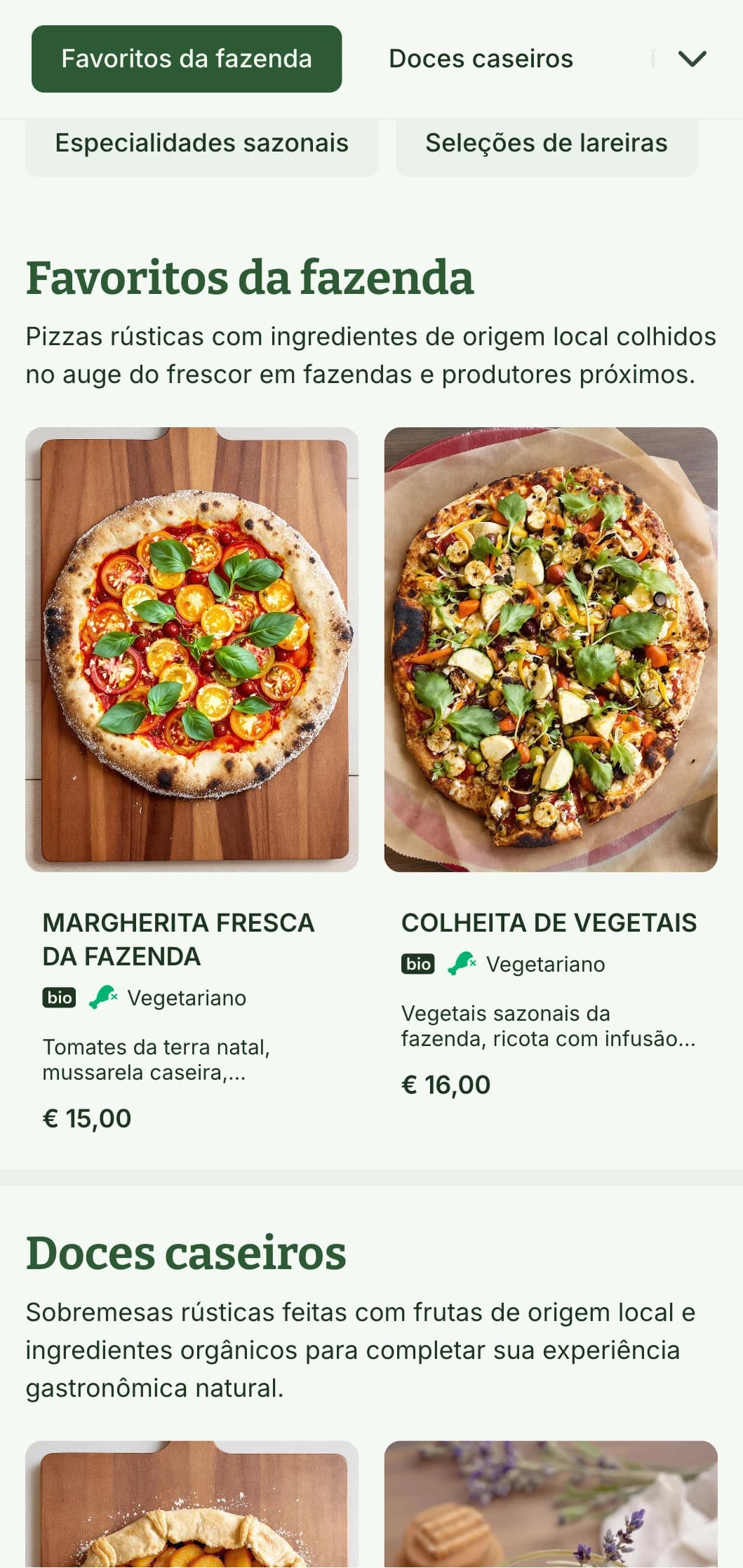 Cardápio de pizza inspirado na natureza, com tons terrosos e elementos orgânicos, perfeito para pizzarias da fazenda para a mesa.