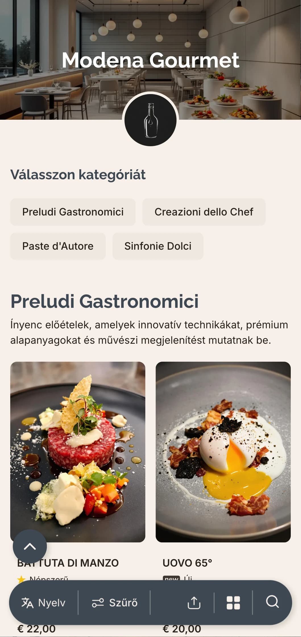 Kifinomult, kortárs design, amely Modena innovatív kulináris színterét és balzsamecetes hagyományait ünnepli.