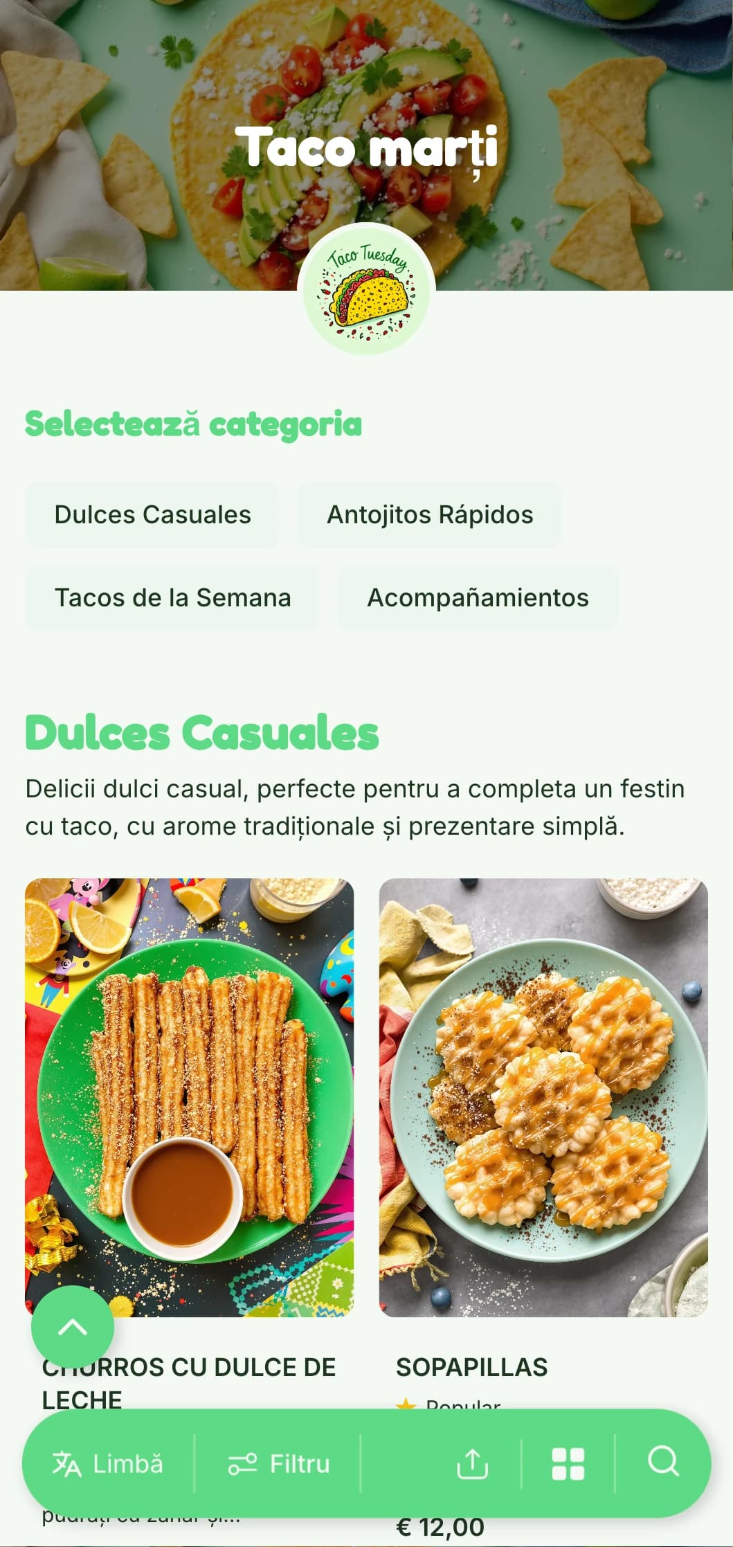 Meniu distractiv și casual axat pe taco, cu accente verzi strălucitoare, ilustrații jucăușe și variații creative de taco pentru specialitățile din timpul săptămânii.