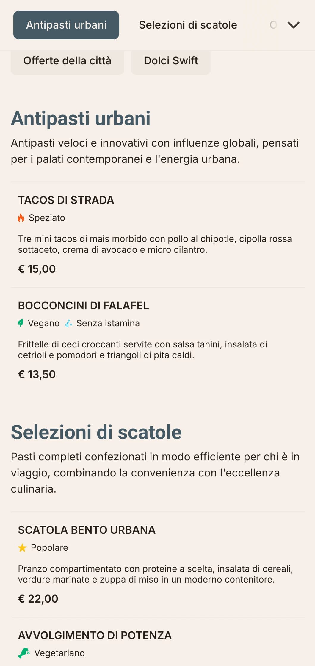 Design audace e contemporaneo del menu del pranzo per i punti di ristoro fast-casual, caratterizzato da una tipografia dinamica e da un layout efficiente per i professionisti urbani alla ricerca di pasti di qualità per il mezzogiorno.