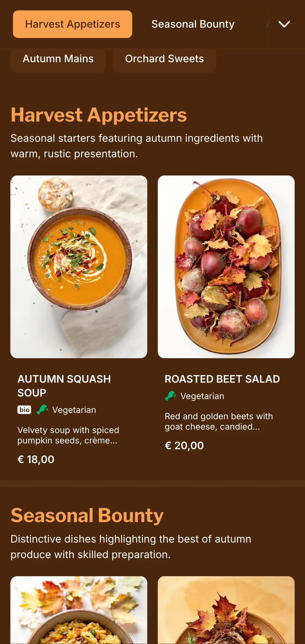 A warm, autumn-inspired dinner menu featuring rich amber tones, ideal for seasonal cuisine and harvest-focused restaurants.