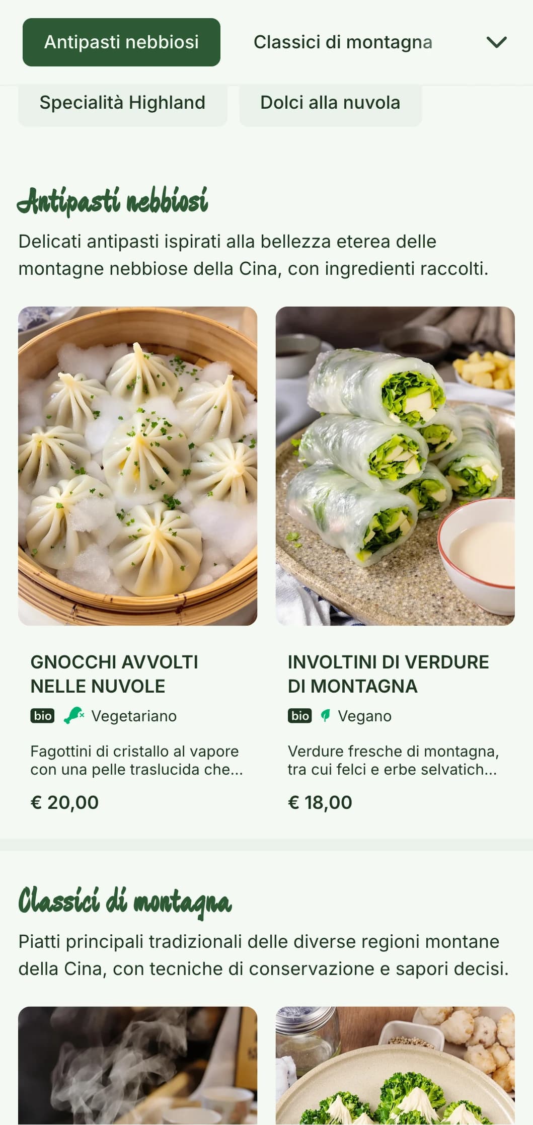 Design del menu cinese ispirato ai paesaggi montani e all'estetica nebbiosa per i ristoranti di cucina regionale.