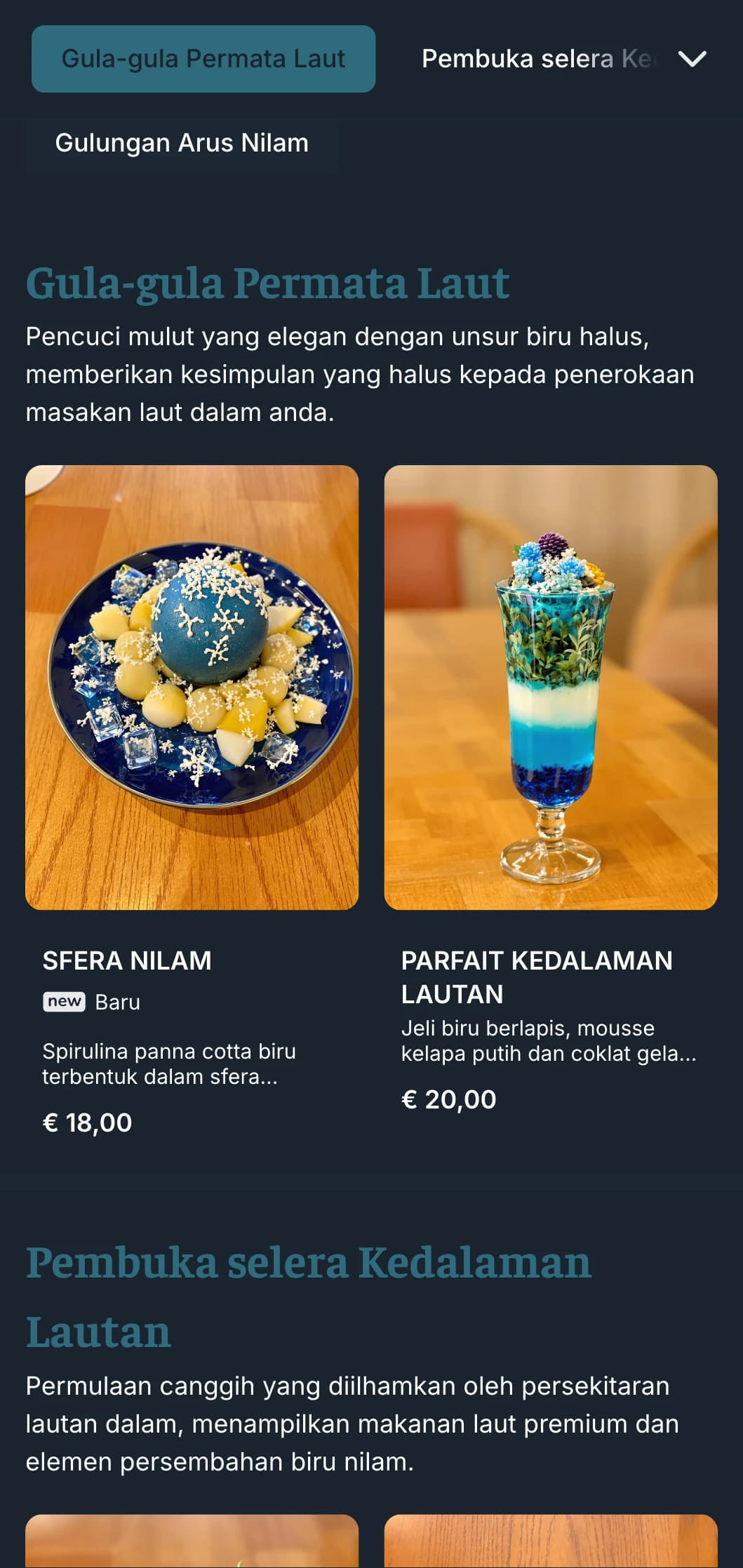 Menu sushi berinspirasikan lautan biru tua yang menampilkan rona nilam yang kaya untuk restoran makanan laut premium.