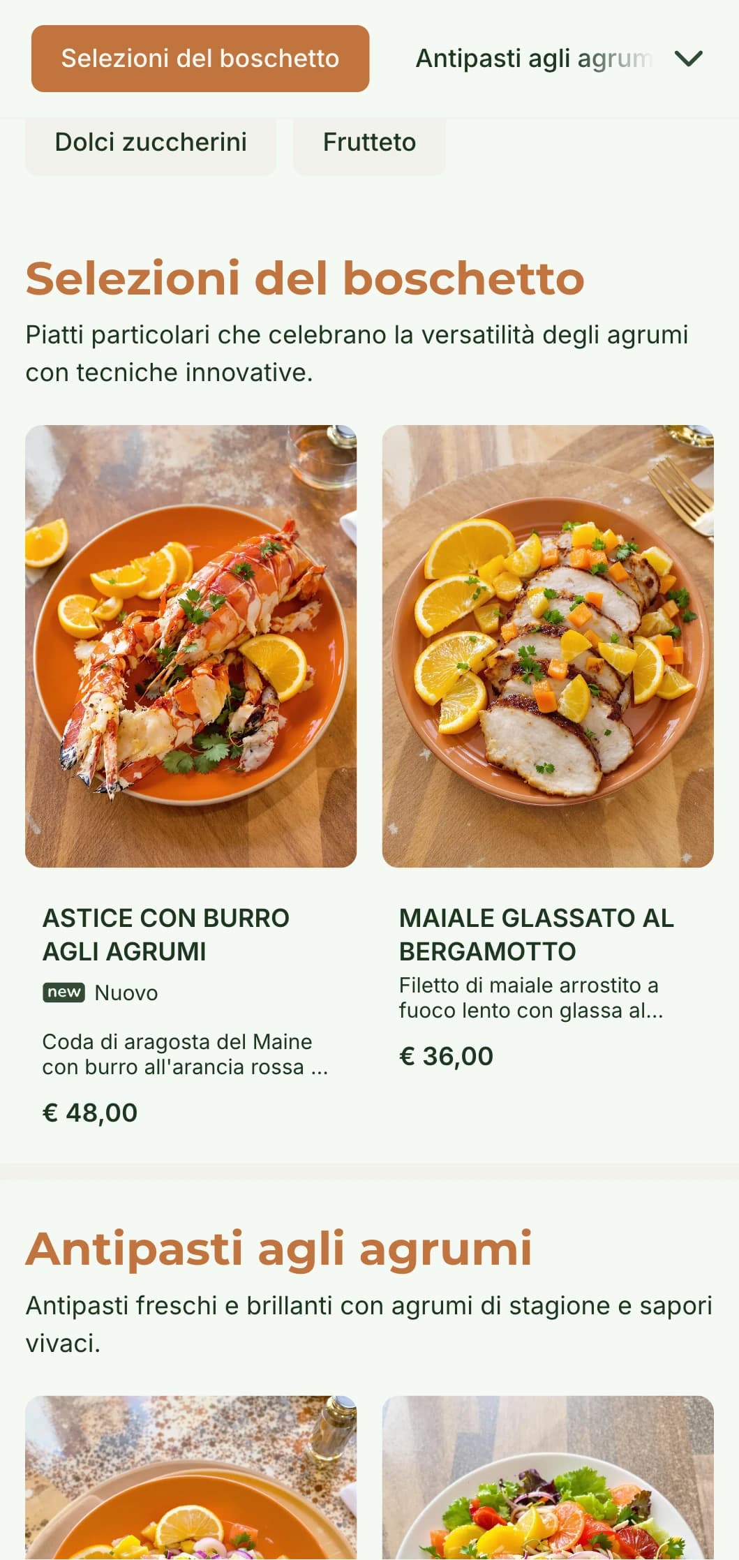 Un menu luminoso e fresco, caratterizzato da toni agrumati ed elementi naturali, perfetto per i ristoranti con influenze mediterranee.