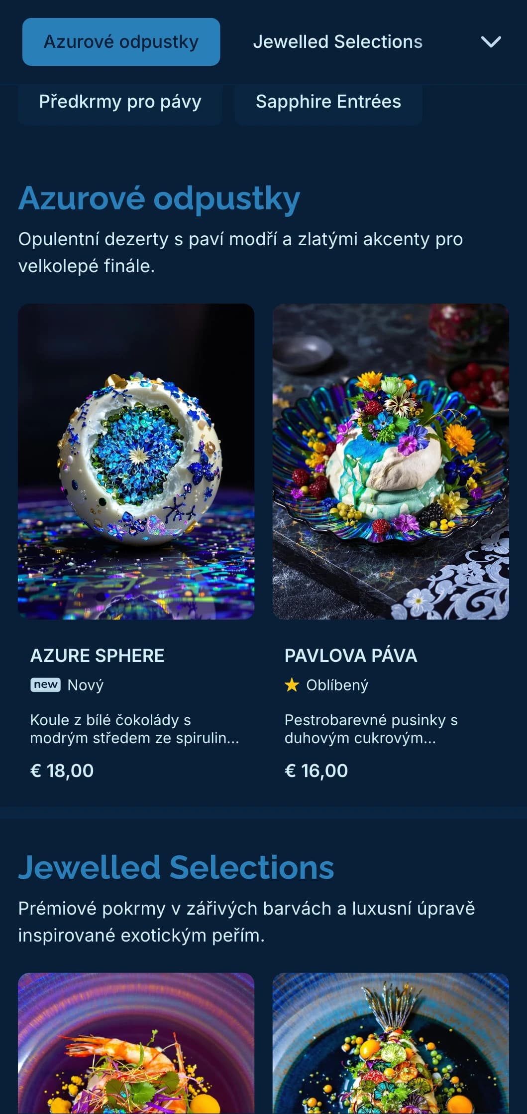 Živý a zároveň sofistikovaný koncept s pavími modrými tóny a jemnými zlatými akcenty pro luxusní zážitek z jídla.