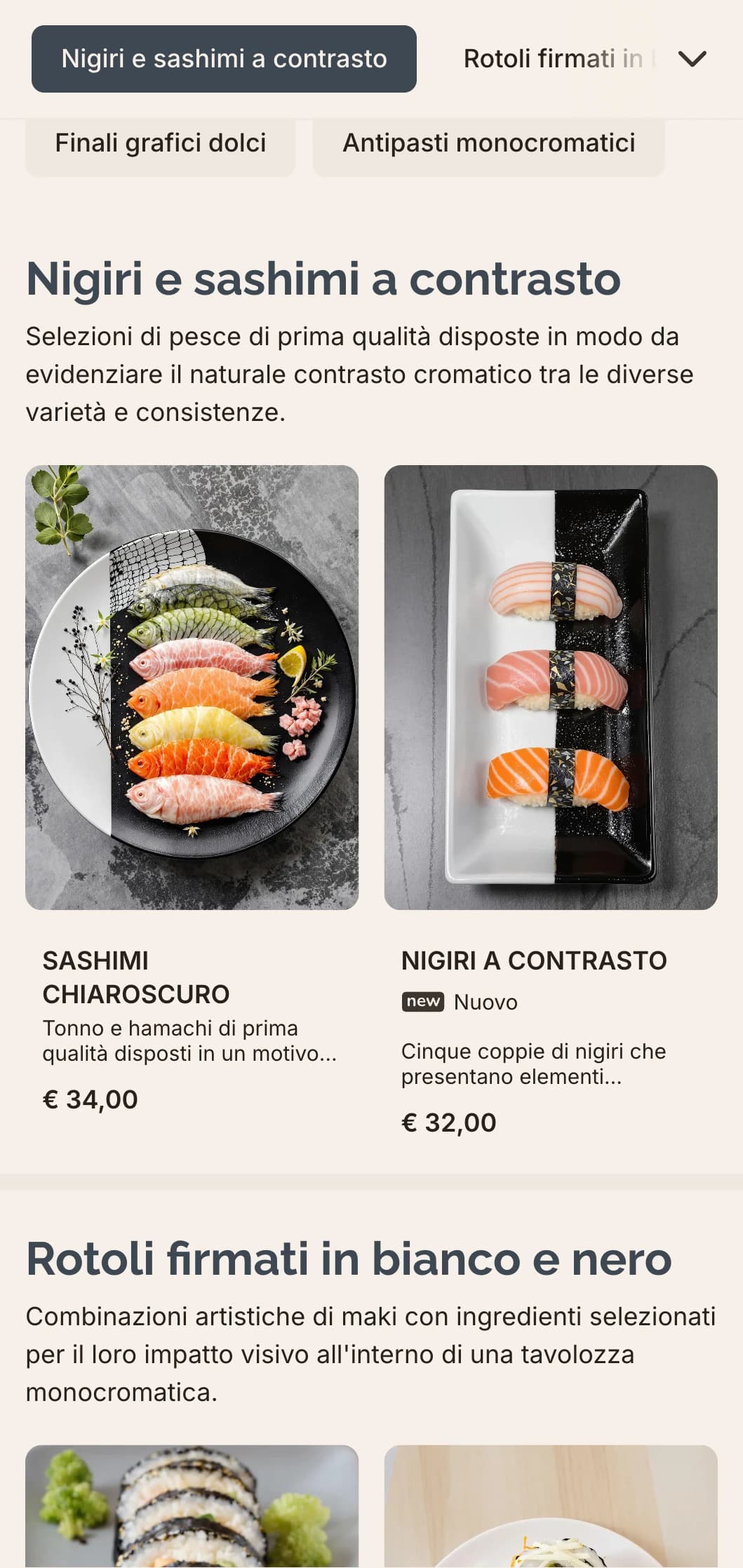 Sofisticato menu di sushi in bianco e nero con sottili accenti di grigio, perfetto per i ristoranti minimalisti contemporanei.