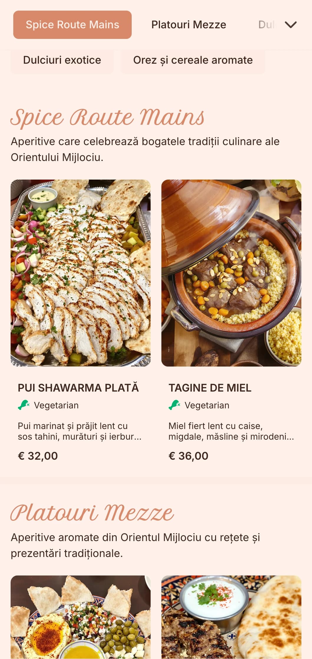 Catering bogat și aromat din Orientul Mijlociu cu condimente vibrante, rețete tradiționale și prezentare autentică pentru evenimente culturale și ocazii speciale.