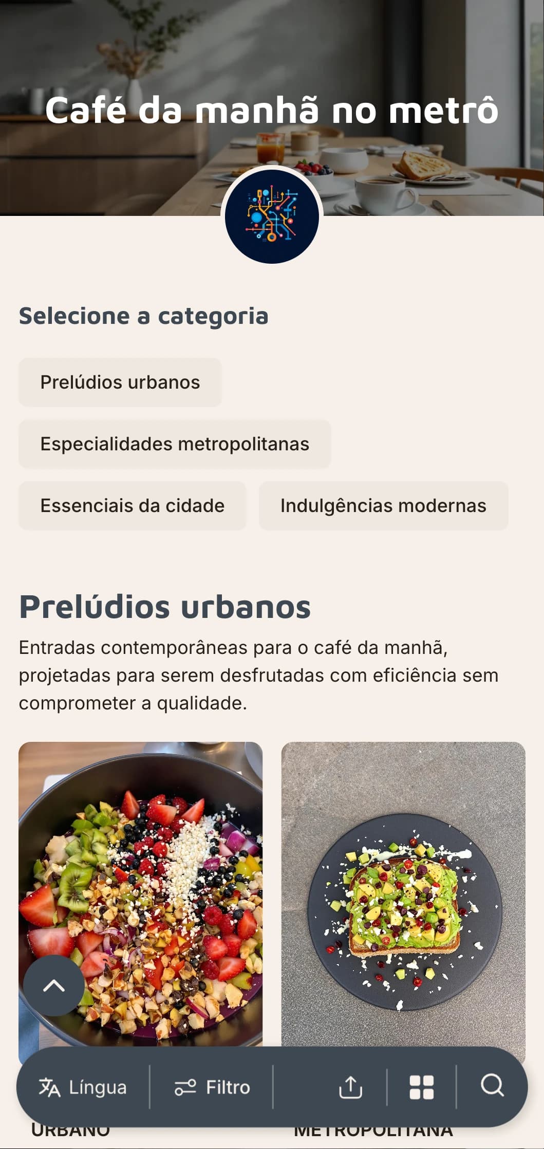 Comida matinal de inspiração urbana com influências internacionais e apresentação contemporânea para o cliente cosmopolita.
