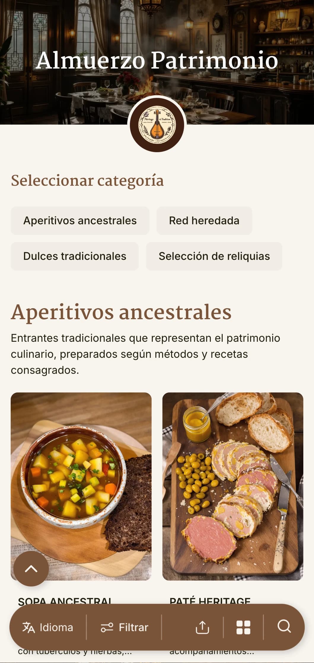 Diseño de menú de almuerzo tradicional, inspirado en el patrimonio, con elementos históricos y tipografía atemporal, perfecto para restaurantes emblemáticos y establecimientos con significado cultural.