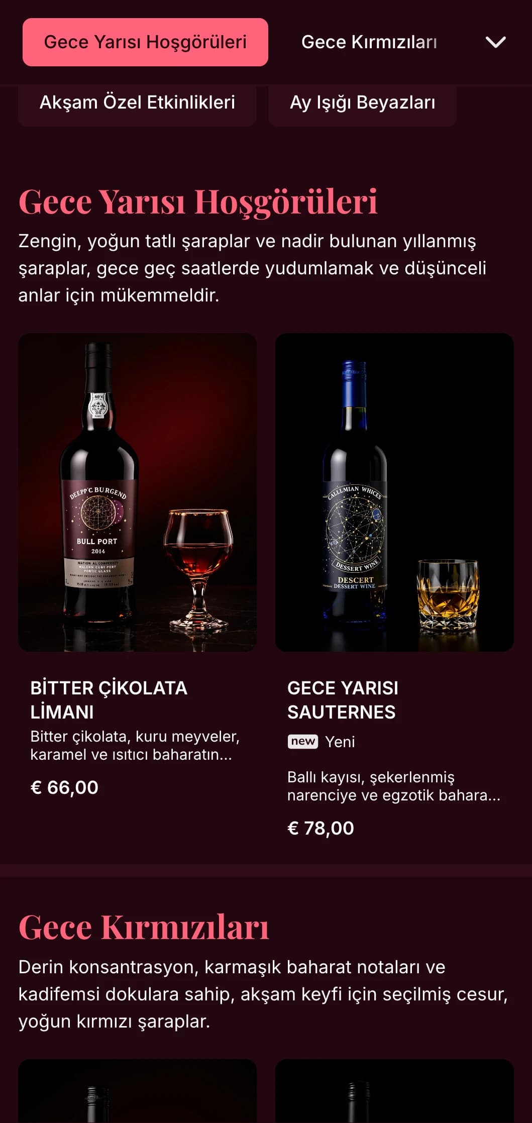 Derin bordo arka planlara karşı çarpıcı pembe vurgulara sahip yoğun dramatik şarap listesi şablonu, seçkin şarap salonları ve akşam mekanları için idealdir.