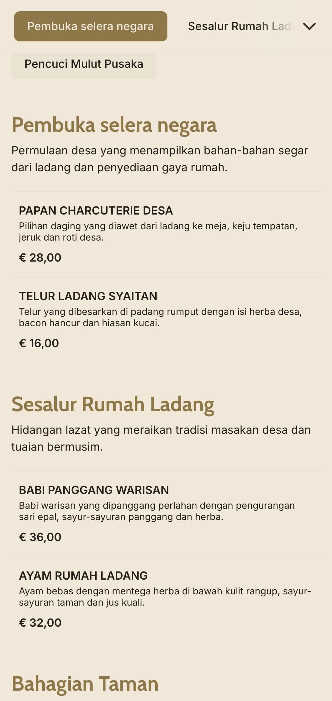 Katering dari ladang ke meja yang sihat menampilkan bahan bermusim tempatan, perkhidmatan gaya keluarga dan daya tarikan desa untuk perayaan luar bandar.