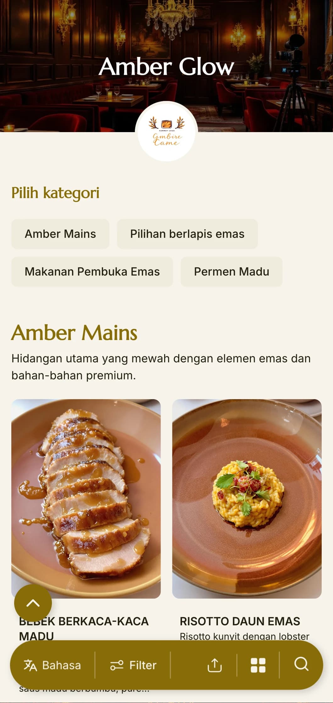 Menu makan malam keemasan yang hangat dengan warna kuning dan tekstur yang kaya, dirancang untuk tempat bersantap malam yang intim.