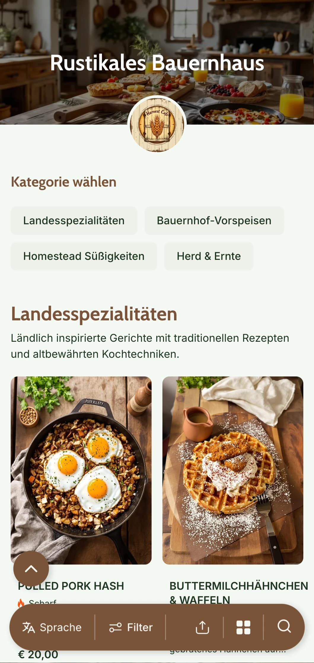 Warme, rustikale Brunch-Vorlage mit Holztexturen und heimeligen Elementen, ideal für Einrichtungen im Landhausstil und für die Zubereitung von Speisen auf dem Bauernhof.