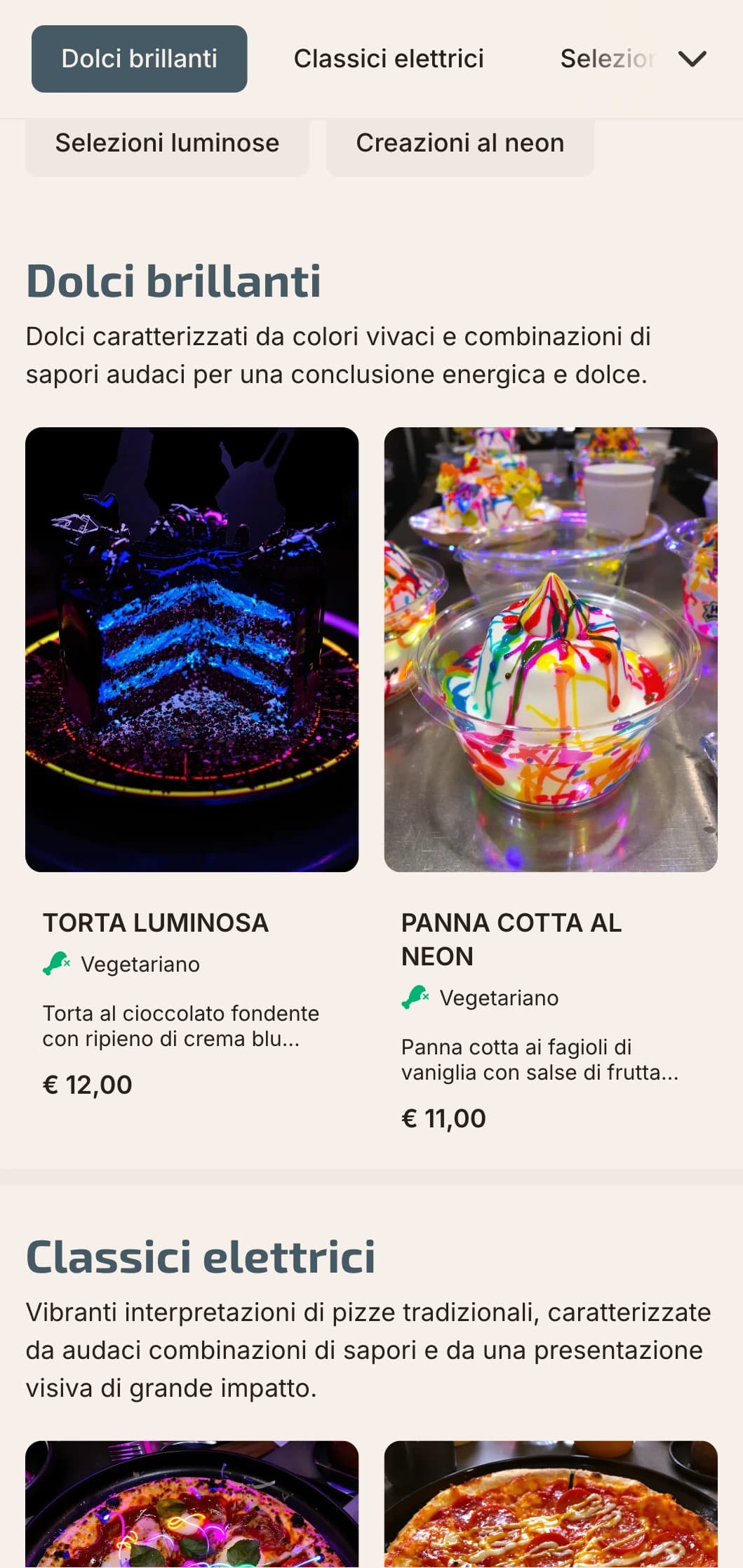 Menu pizza contemporaneo con accenti di colore al neon e un'estetica urbana moderna.