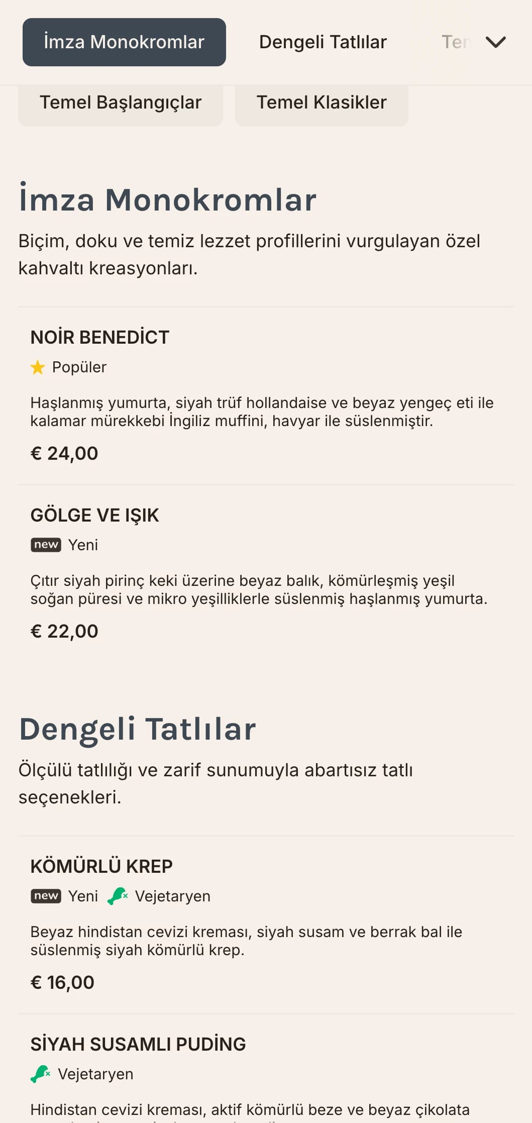 Tasarım bilincine sahip lokantalar için çarpıcı tek renkli bir palette sunulan şık kahvaltı seçenekleri.