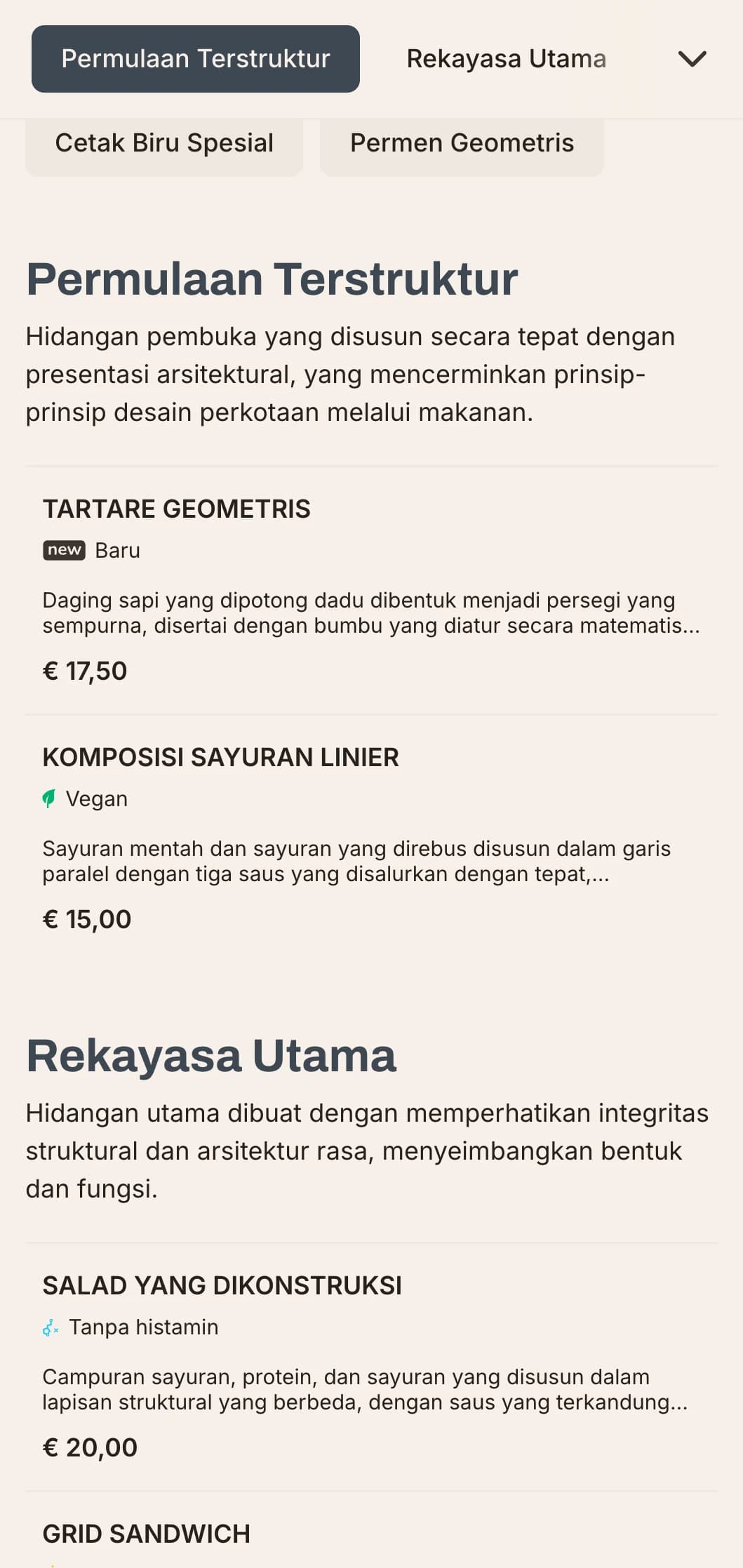 Desain menu makan siang yang berani dan arsitektural dengan garis-garis yang kuat dan elemen perkotaan, ideal untuk restoran kontemporer di kawasan bisnis dan perkembangan modern.
