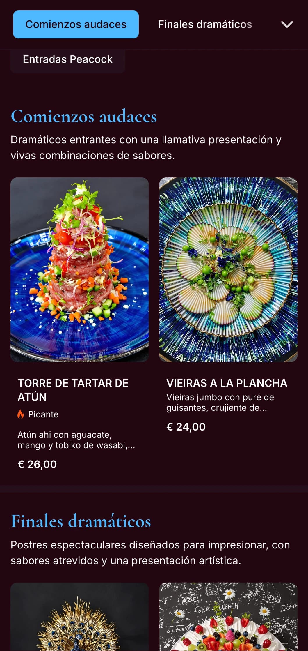 Un llamativo menú de cena en azul pavo real con ricos tonos joya y un estilo espectacular, diseñado para restaurantes de carácter atrevido.