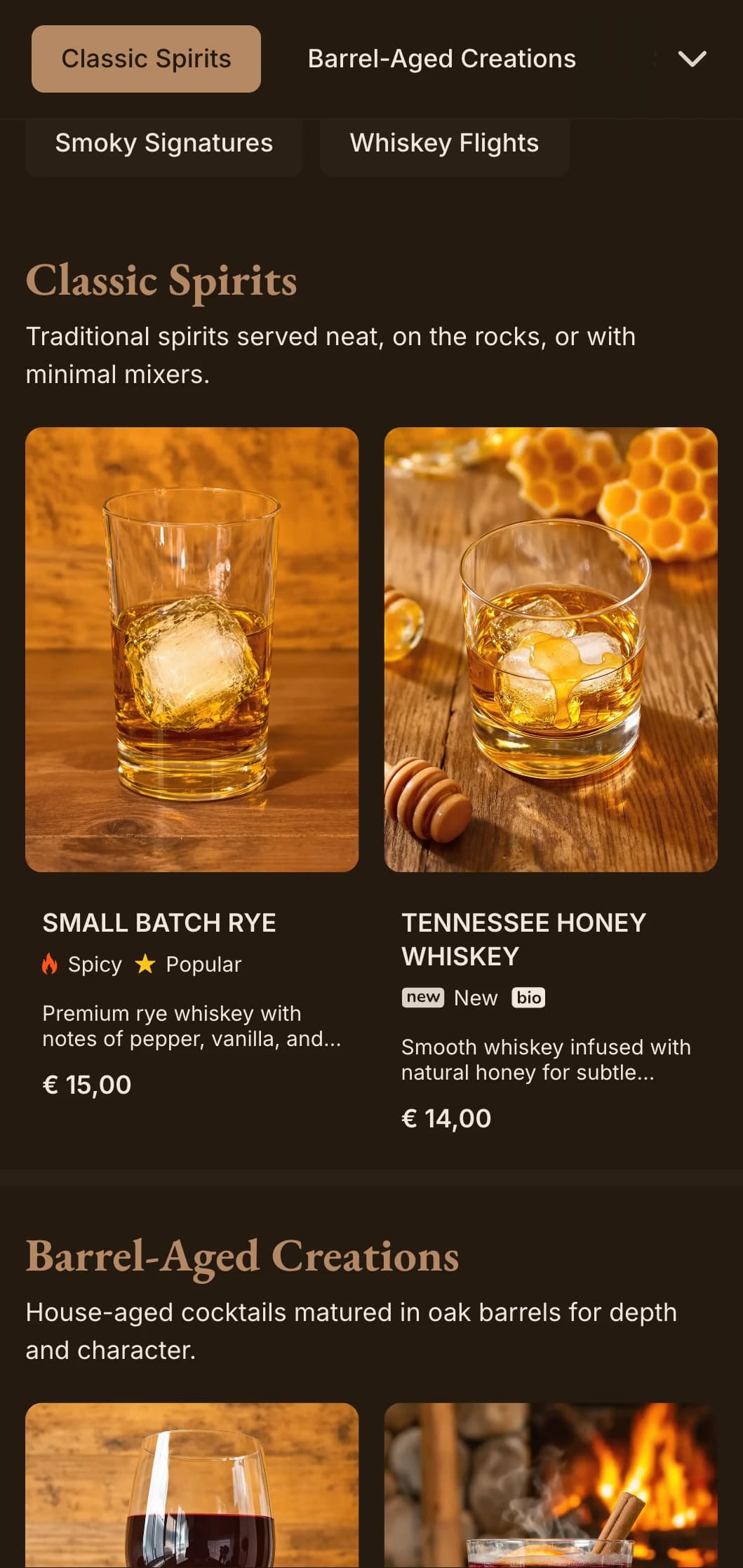 Rich brown tones with classic typography for whiskey bars and traditional pubs.