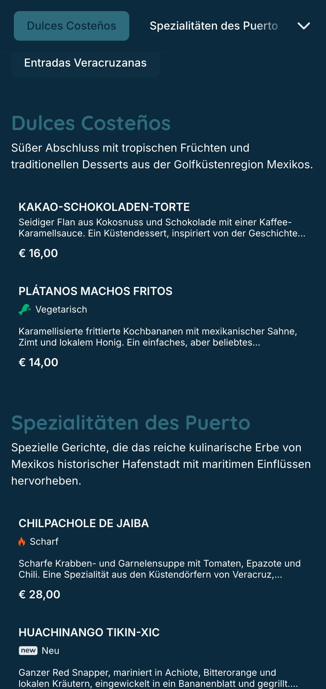 Frisches und schmackhaftes Küstenmenü mit Meeresfrüchtespezialitäten aus Veracruz mit türkisfarbenen Akzenten, Küstenbildern und typischen Fischzubereitungen.