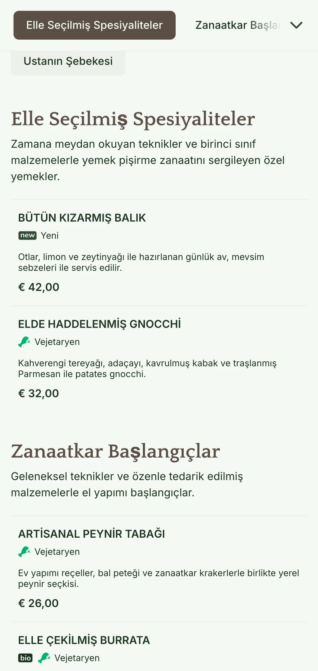 El işi mutfağına odaklanan restoranlar için mükemmel olan, zanaattan ilham alan tasarım öğeleri ve toprak tonları içeren sıcak, zanaatkar bir akşam yemeği menüsü.