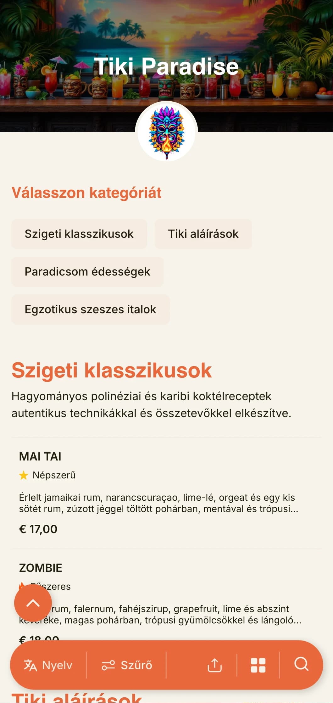 Egzotikus, vibráló design tiki bárok és trópusi koktélbárok számára, játékos tipográfiával és meleg színekkel.