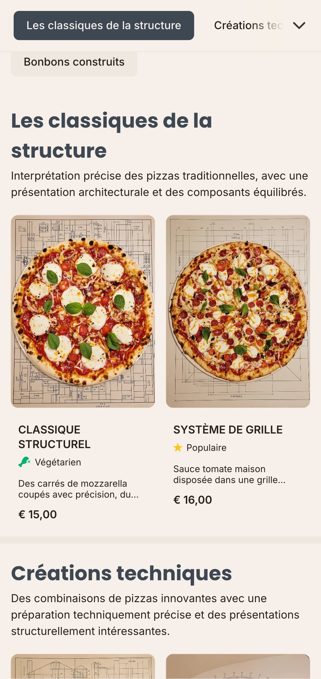 Carte de pizzas d'inspiration architecturale avec des mises en page précises et une esthétique technique.