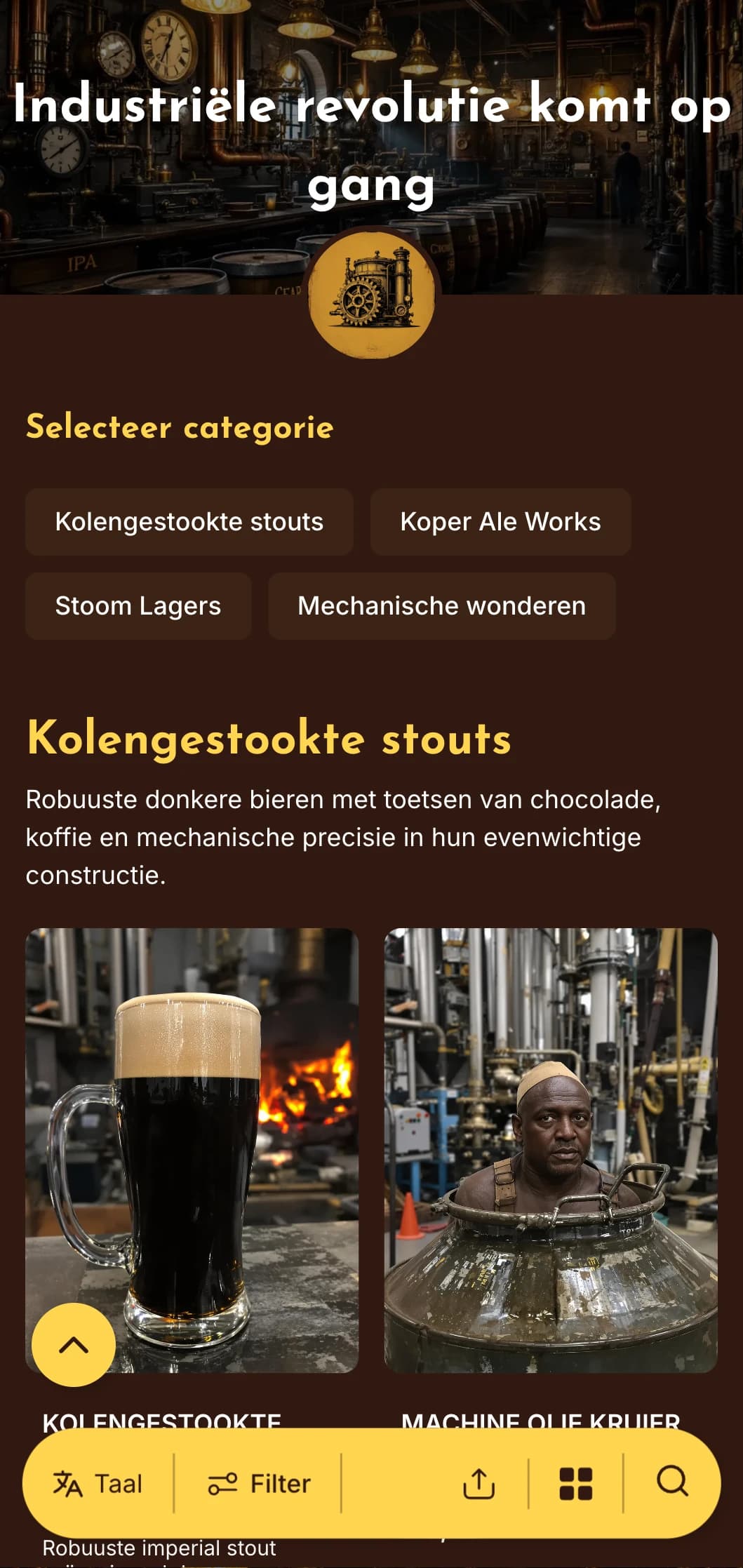 Stoomaangedreven industriële esthetiek met messing accenten en mechanische elementen, perfect voor brouwerijen met een steampunk-thema.