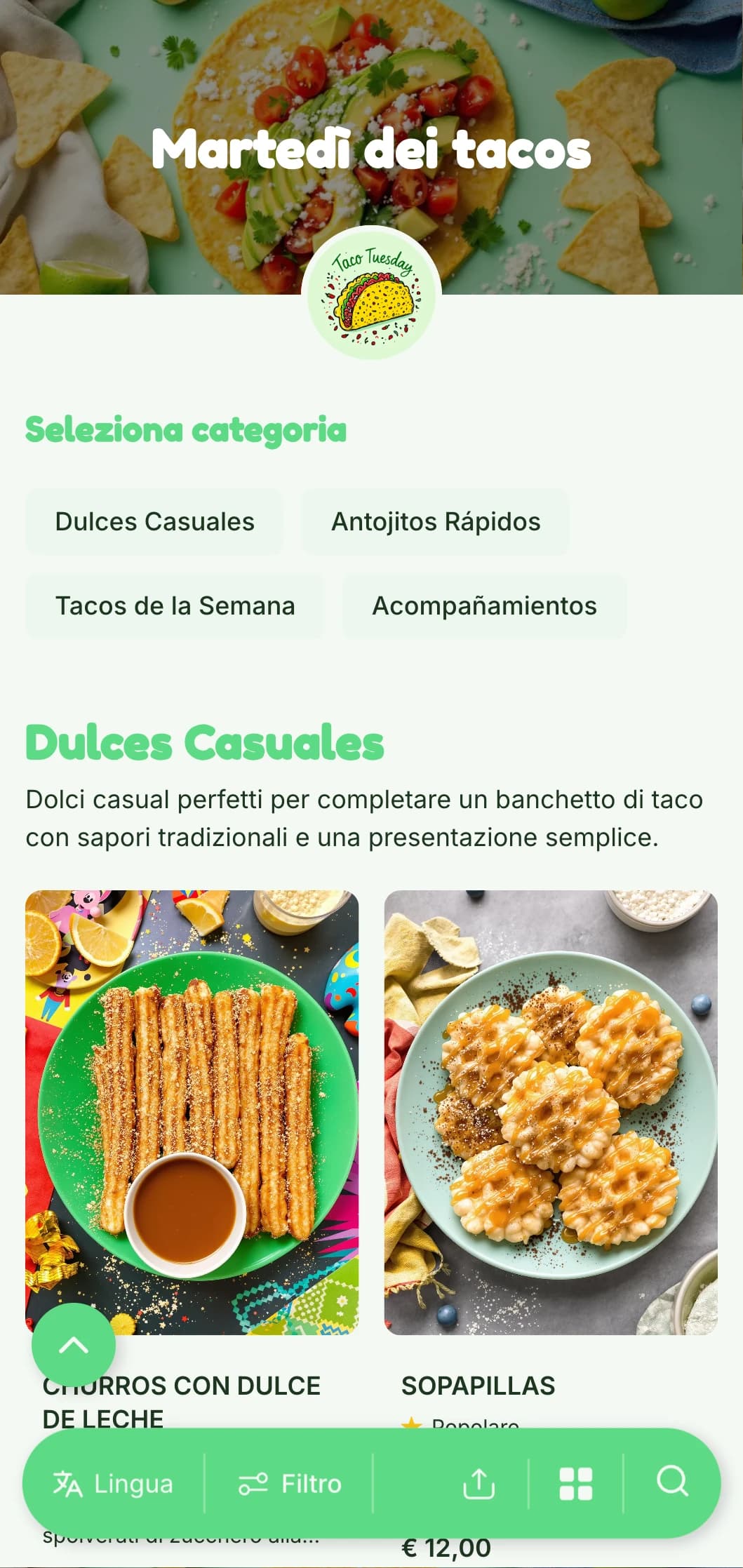 Menu divertente e informale incentrato sui taco, con accenti verdi brillanti, illustrazioni giocose e variazioni creative di taco per le specialità dei giorni feriali.