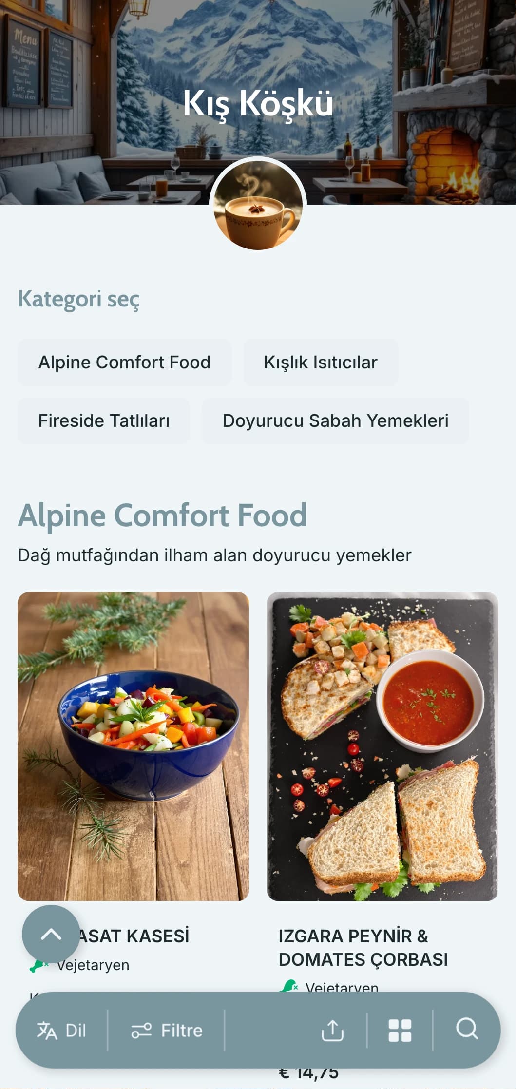 Mevsimlik menüler ve dağ kafeleri için kış öğeleri içeren serin mavi-gri tasarım.