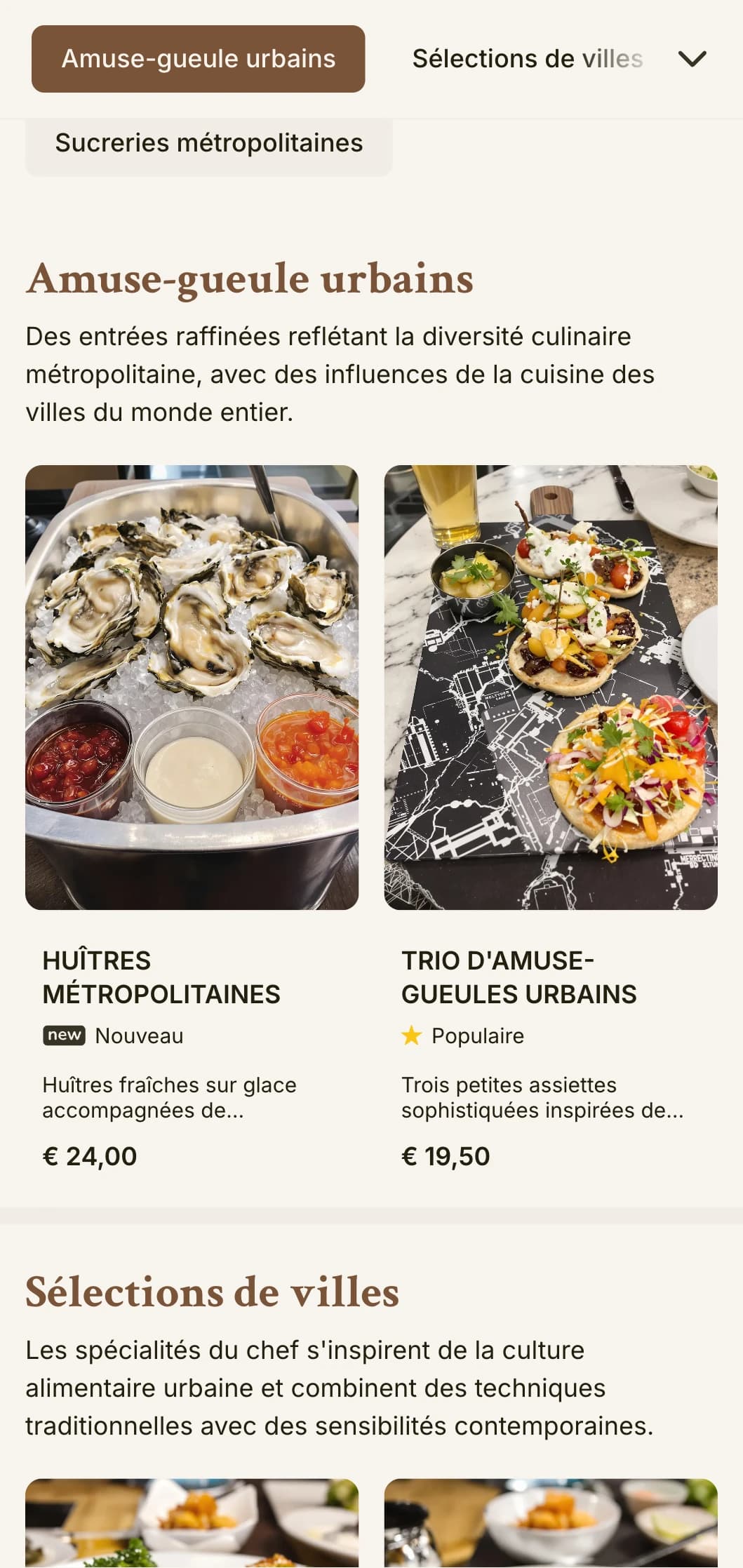Menu de déjeuner cosmopolite, inspiré de la ville, avec une élégance urbaine et des détails raffinés, adapté aux restaurants du centre-ville et aux établissements sophistiqués de la ville.