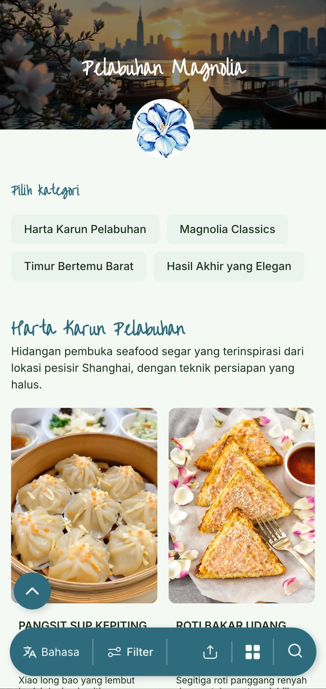 Desain menu Cina yang elegan terinspirasi dari masakan Shanghai dan estetika pelabuhan, dengan aksen bunga untuk bersantap mewah.