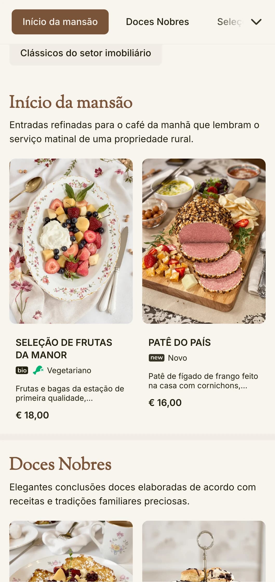 Ofertas matinais diferenciadas que lembram as refeições de uma propriedade rural, apresentadas com elegância tradicional.