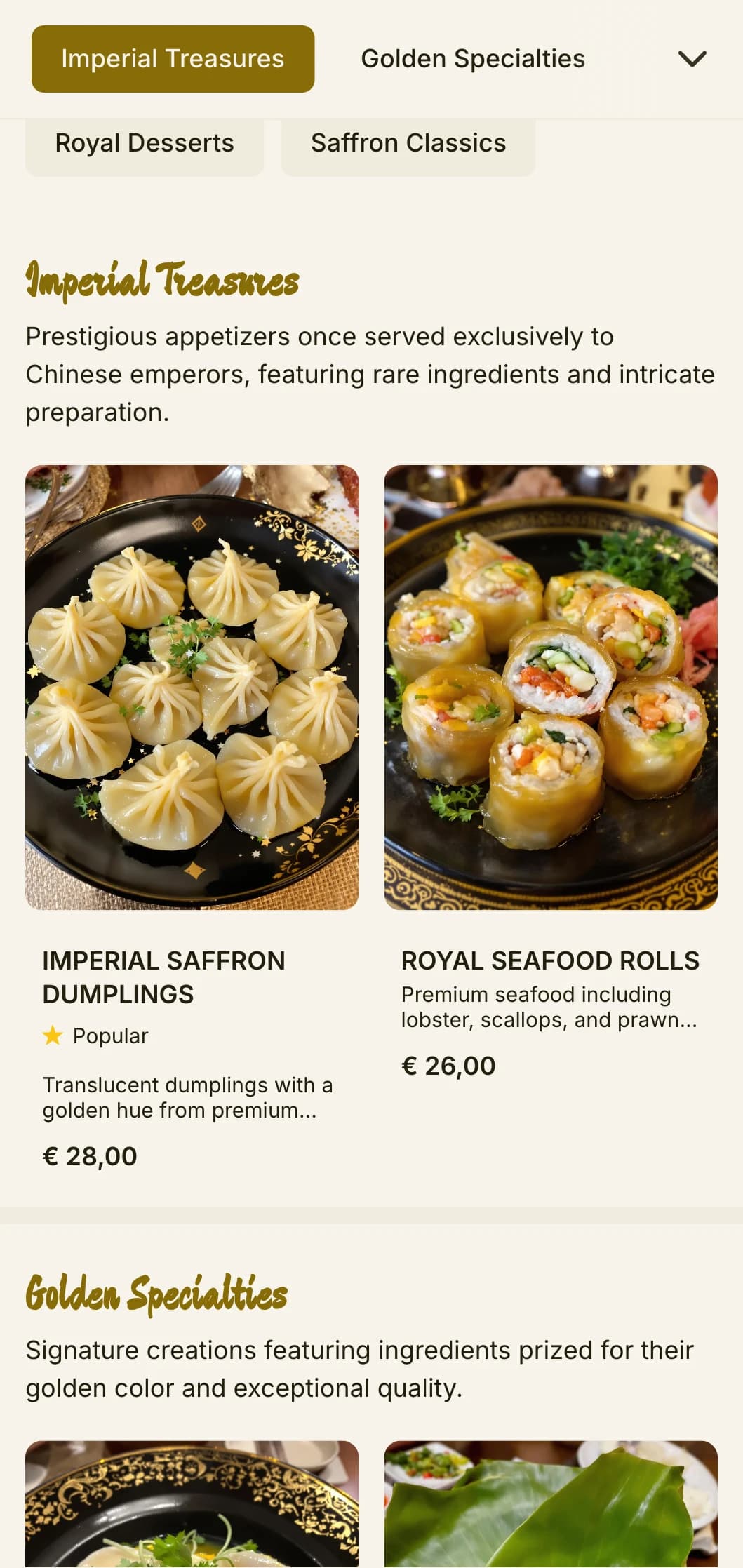 Luxurious Chinese menu design inspired by imperial saffron colors, with rich elements for royal cuisine experiences.