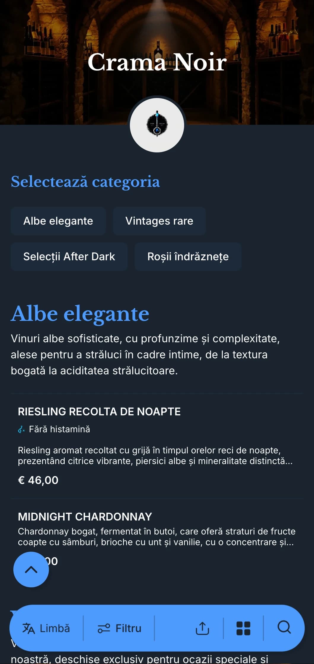 Șablon sofisticat cu tematică întunecată pentru lista de vinuri, cu accente albastre izbitoare pe fundaluri marine adânci, ideal pentru saloane de vinuri intime și localuri de seară.