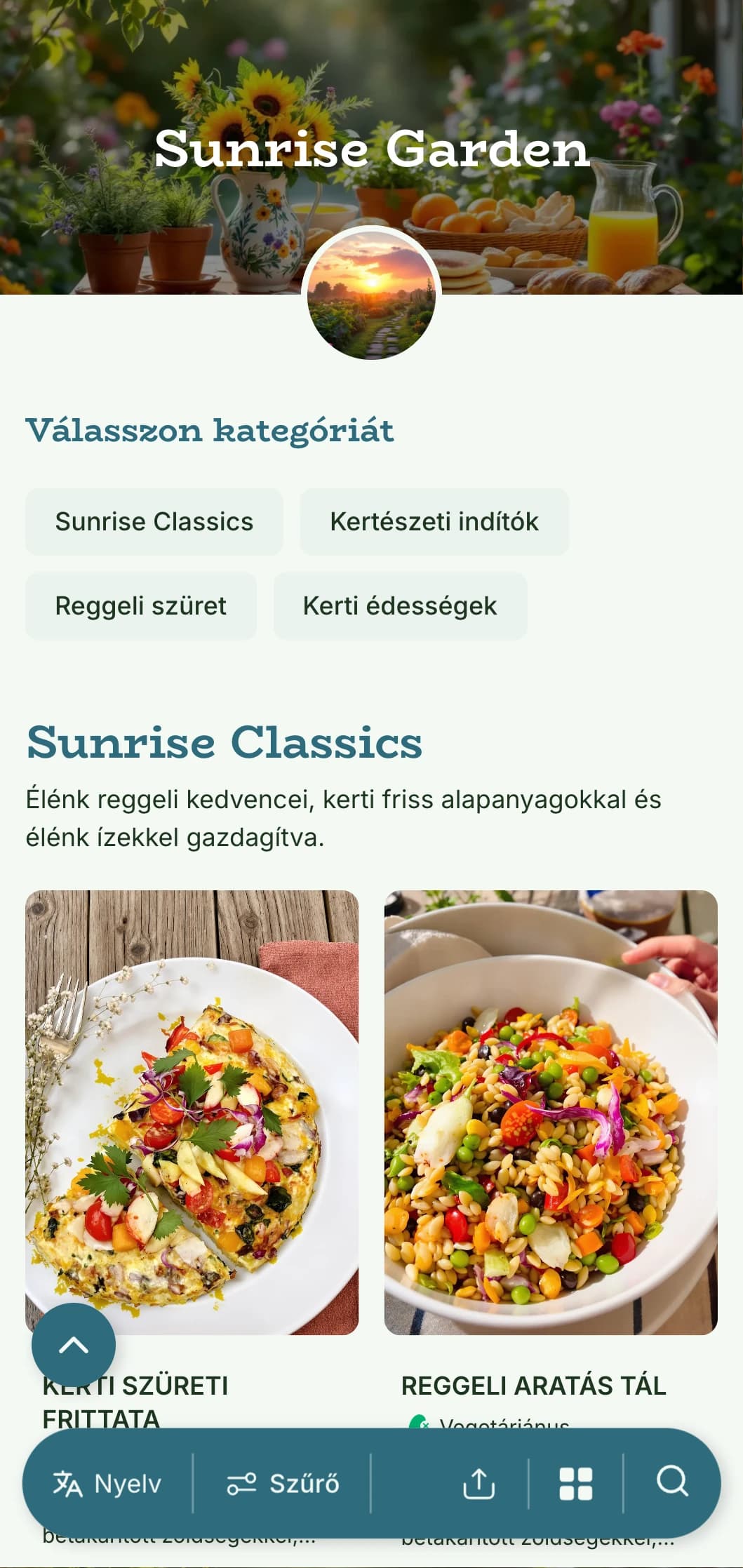 Friss, kerti ihletésű, organikus alapanyagokat tartalmazó, természetes elemeket tartalmazó, élénk megjelenítésű reggeli.