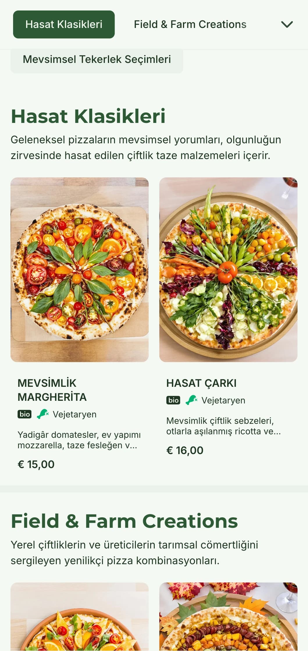 Mevsimlik malzemeleri ve rustik hazırlığı kutlayan çiftlikten masaya pizza menüsü.