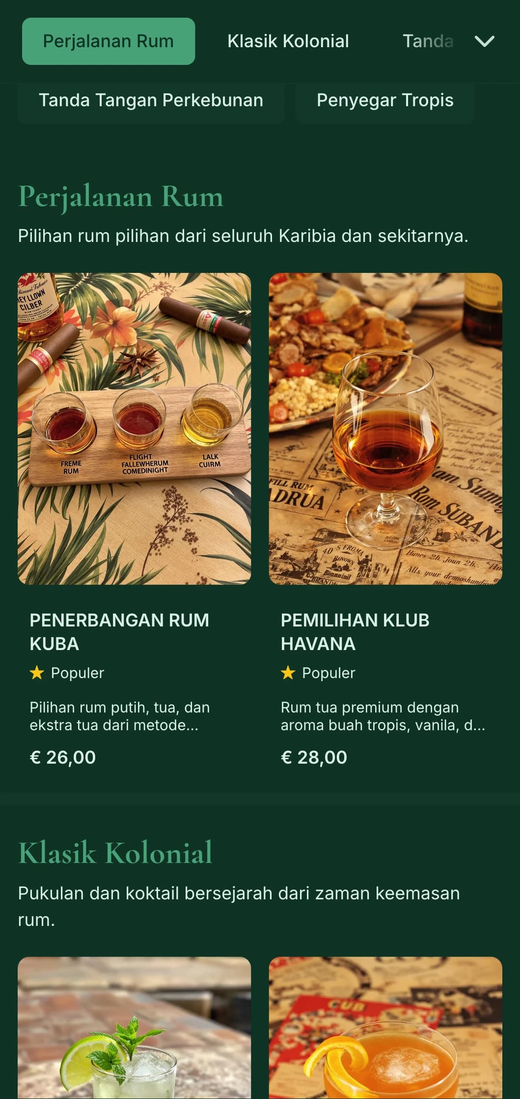 Desain hijau yang kaya dengan elemen historis Karibia untuk bar yang berfokus pada rum.