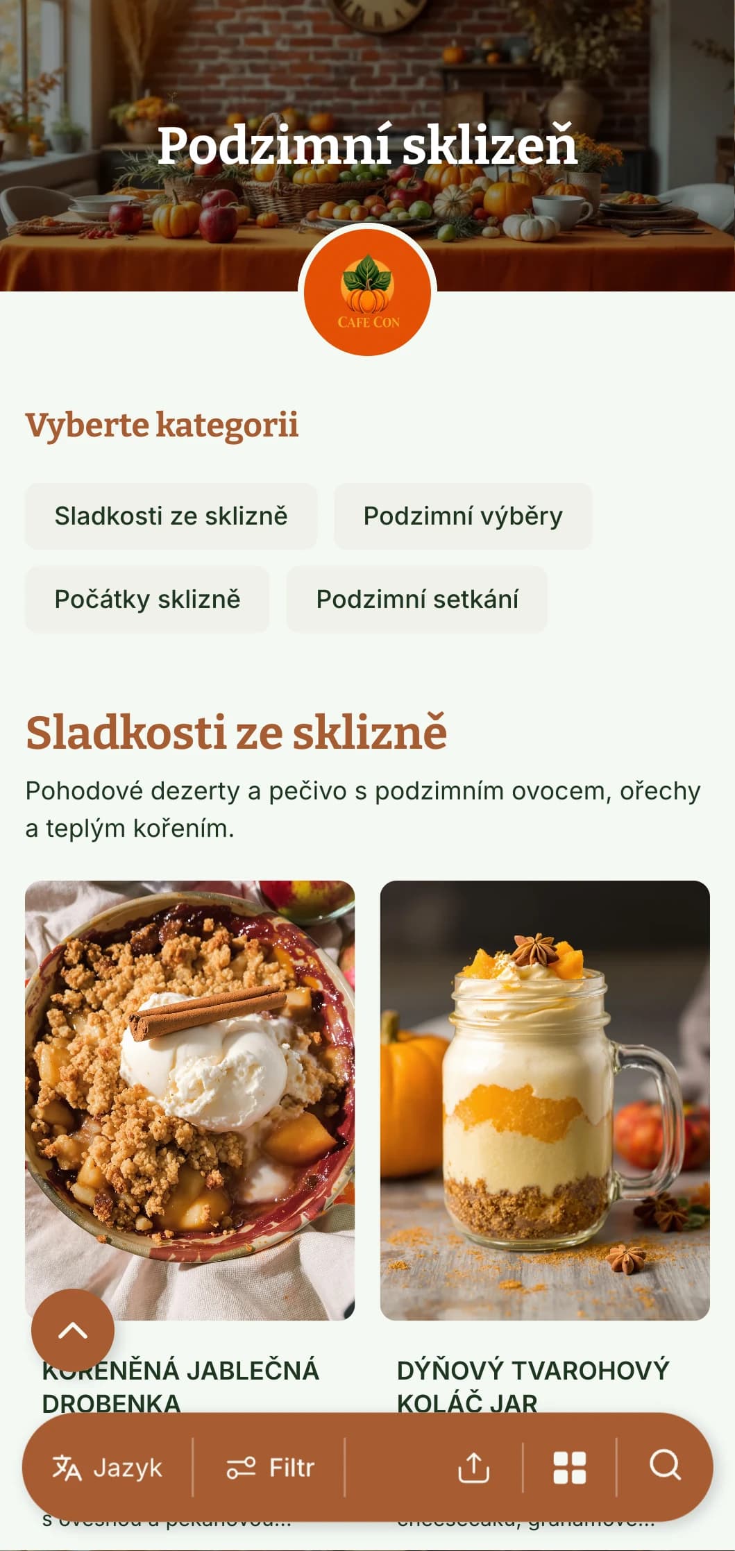 Sezónní šablona na brunch v teplých podzimních barvách, ideální pro kavárny, které nabízejí snídaně inspirované úrodou.