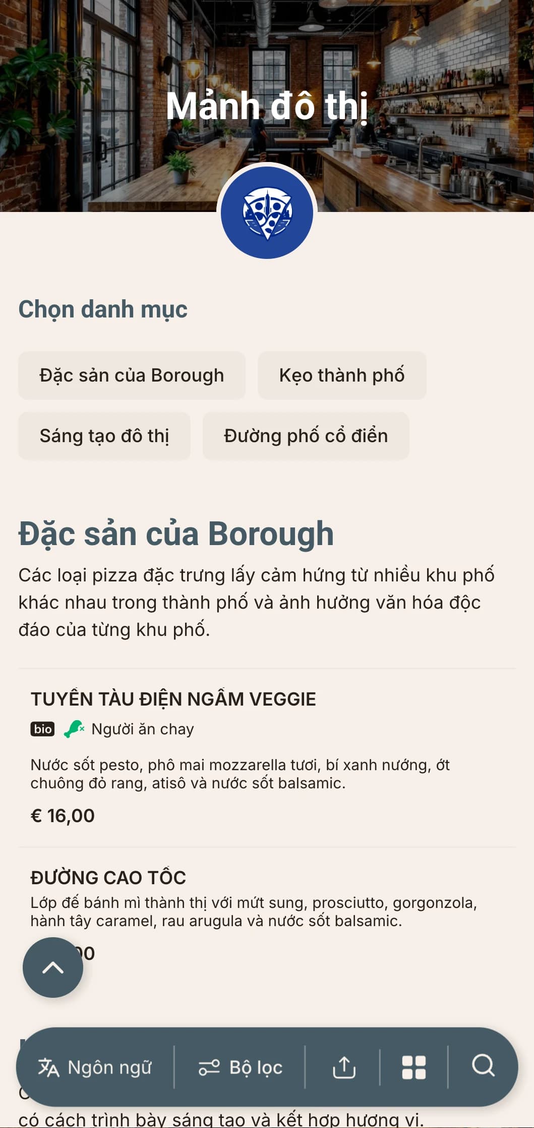 Thực đơn pizza đương đại với các yếu tố thiết kế công nghiệp, hoàn hảo cho các tiệm pizza ở trung tâm thành phố.