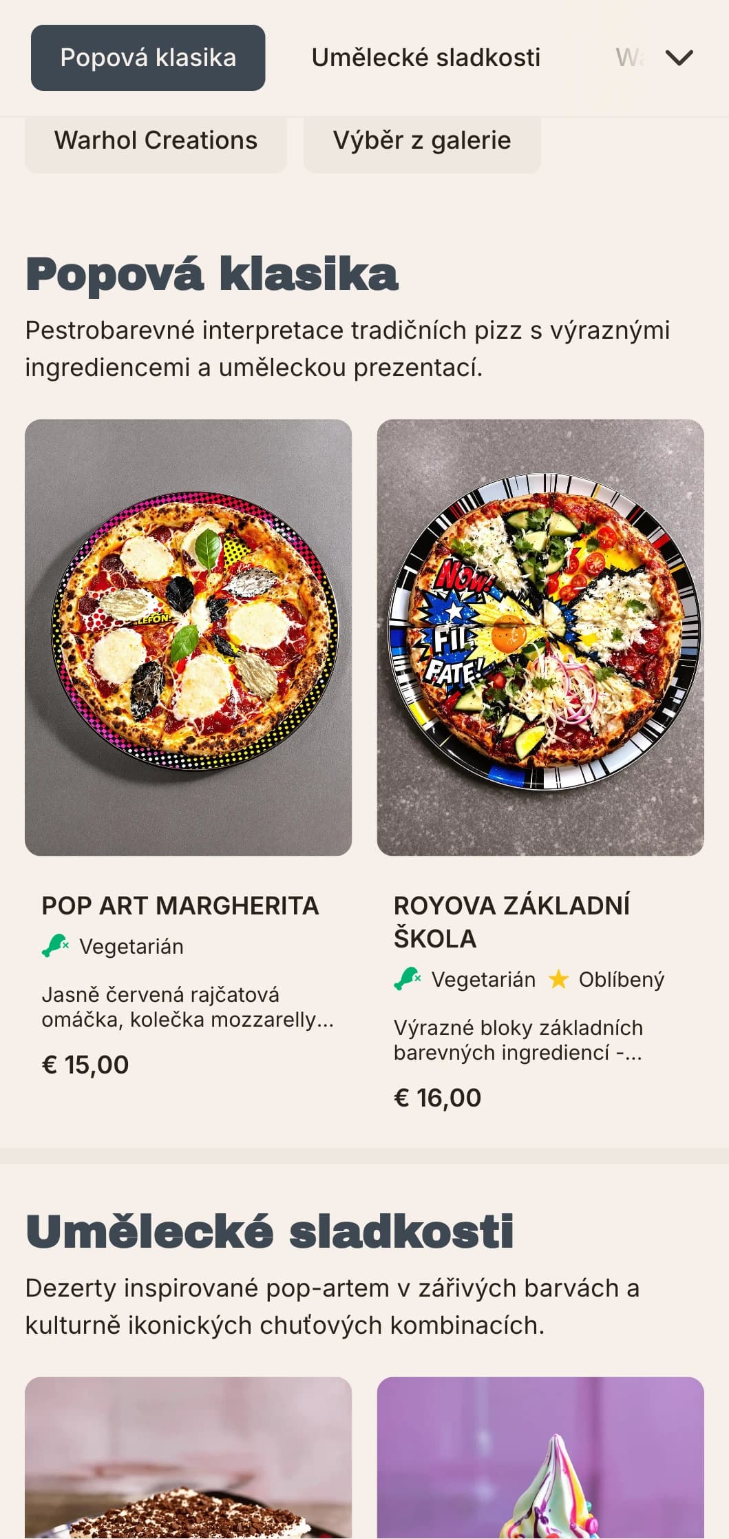 Nabídka pizzy inspirovaná Andy Warholem s prvky pop-artu a retro-moderní estetikou.