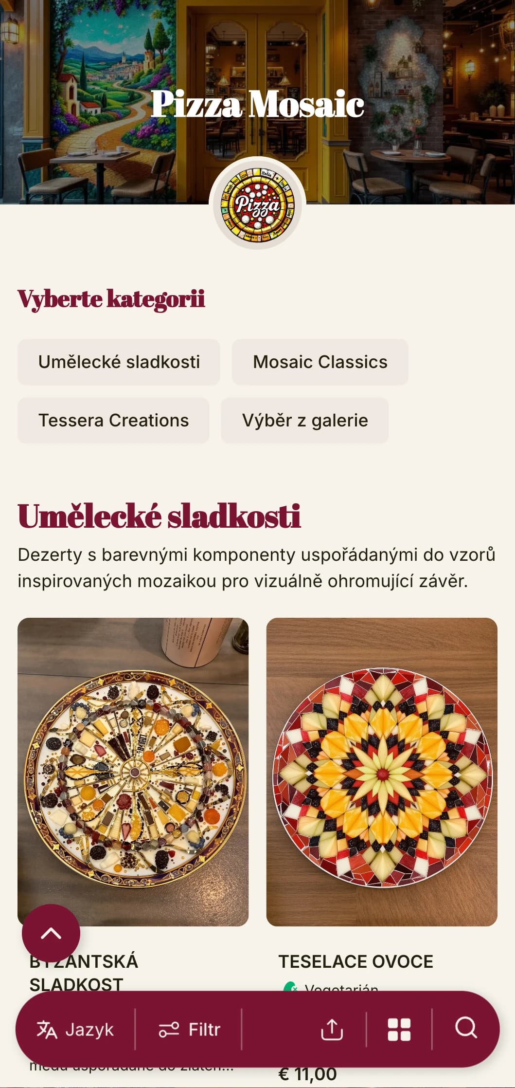 Barevné, umělecké menu pizzy inspirované italskou mozaikou s živými prvky.