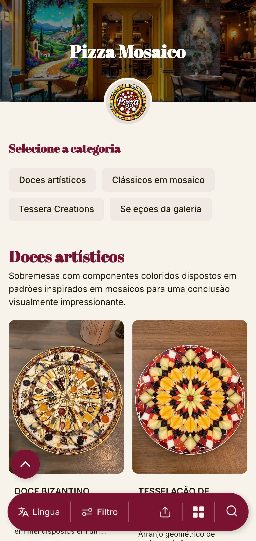 Cardápio de pizza colorido e artístico inspirado na arte italiana de mosaico com elementos vibrantes.