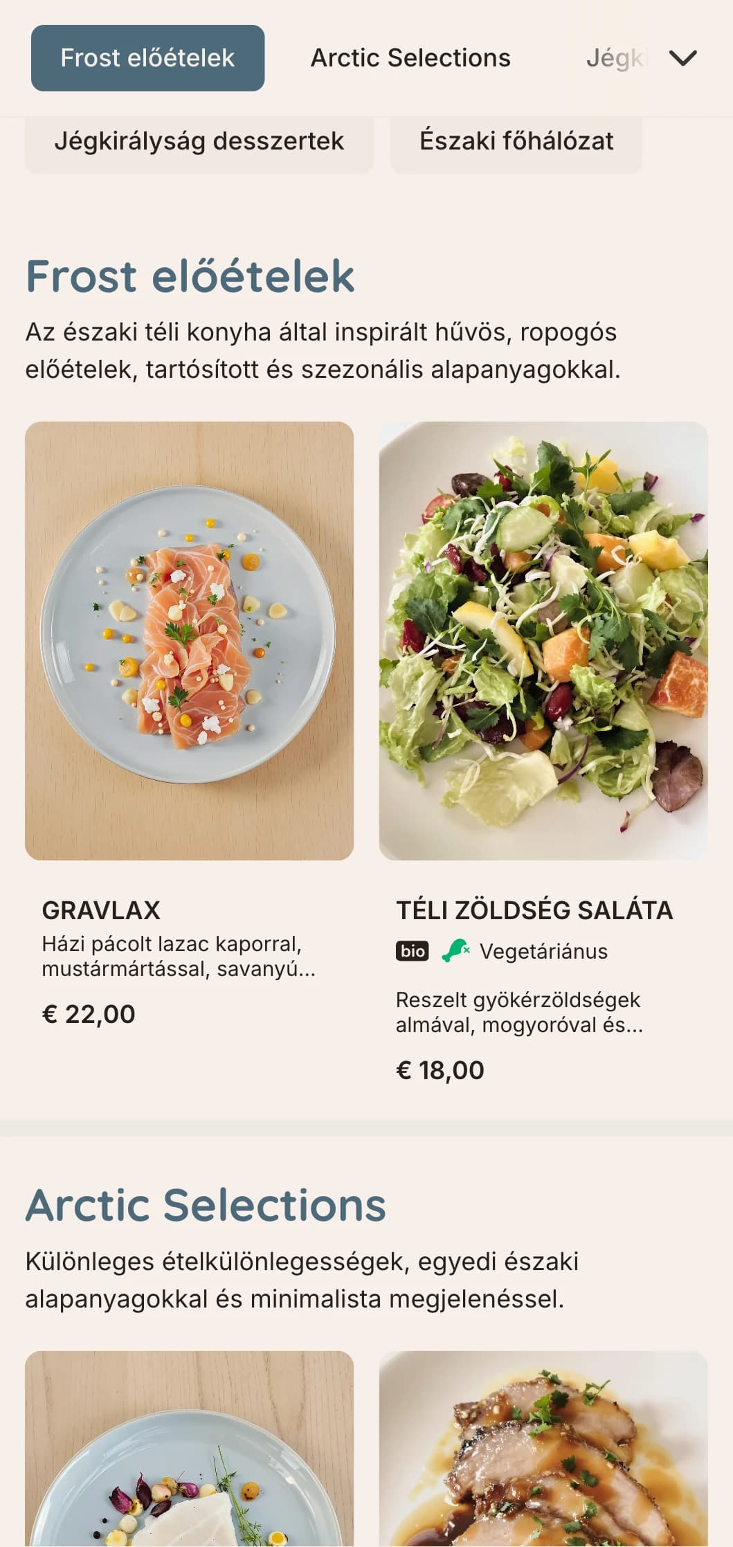 Hűvös, ropogós vacsora menü skandináv téli hatásokkal, jégkék tónusokkal és letisztult vonalakkal, amelyek tökéletesen illenek az északi konyhához.
