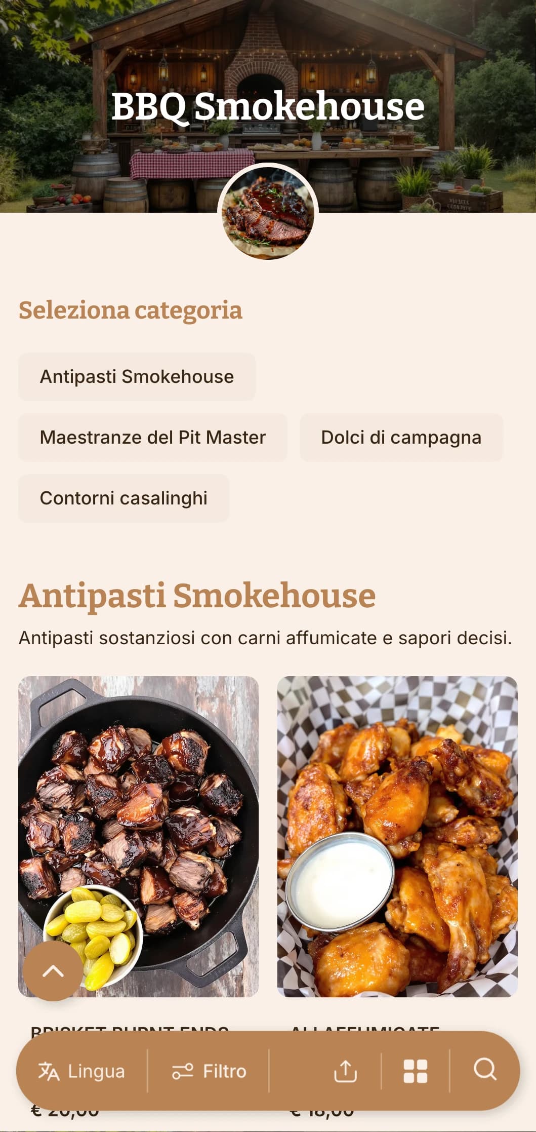 Un catering con carni affumicate, contorni casalinghi e una presentazione rustica per riunioni all'aperto e celebrazioni informali.